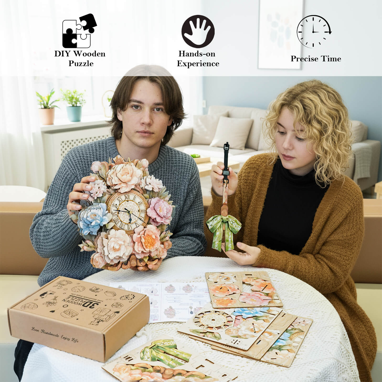 Bouquet– DIY Wooden Clock, 3D Puzzle Craft Kit