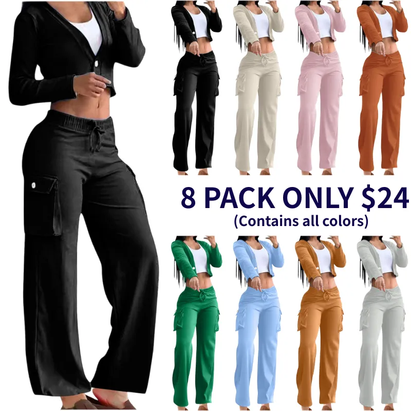 2 Piece Set for Women Casual Suit Cardigan Button with Pocket