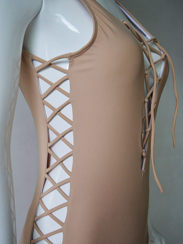 Solid Color Bandage Split-Joint Hollow One-Piece Swimwear