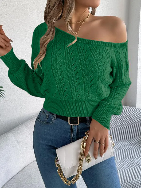 Women's Plain Textured Hollow Out Asymmetrical Neck Sweater