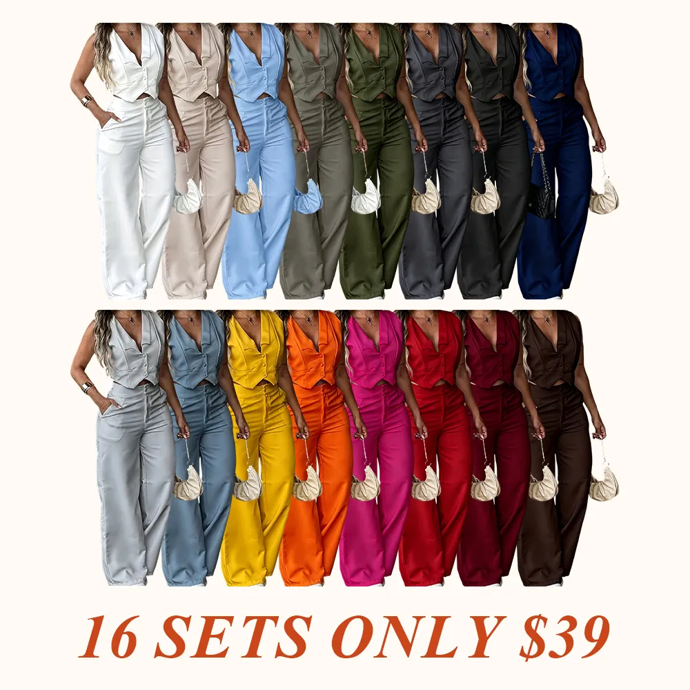 New Women's Pants Set, Sleeveless Waist Cinching Vest Set, Wide Leg Pants