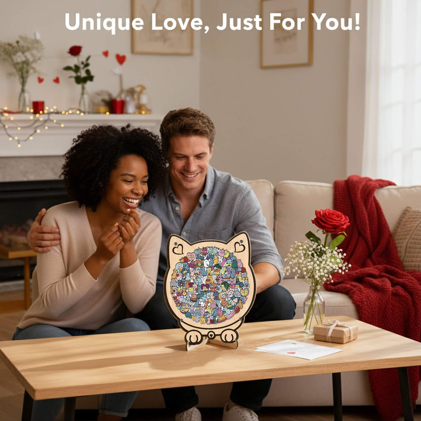 Cute Lover Cat Shaped Wooden Jigsaw Puzzle