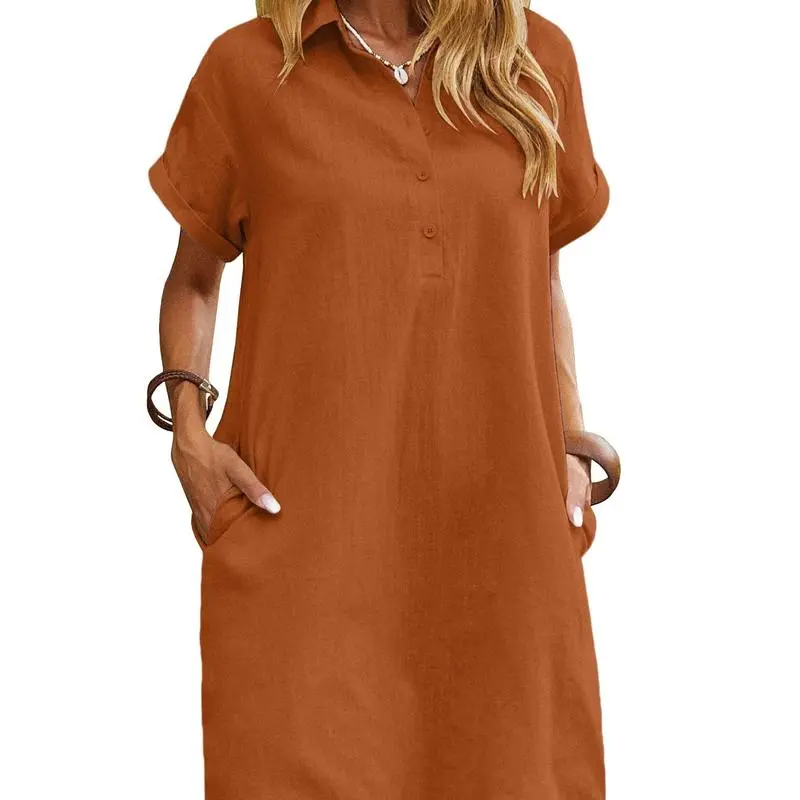 Womens Cotton Shirt Dress Summer Casual Short Sleeve Button Down Beach Cover Up Shirts with Pockets