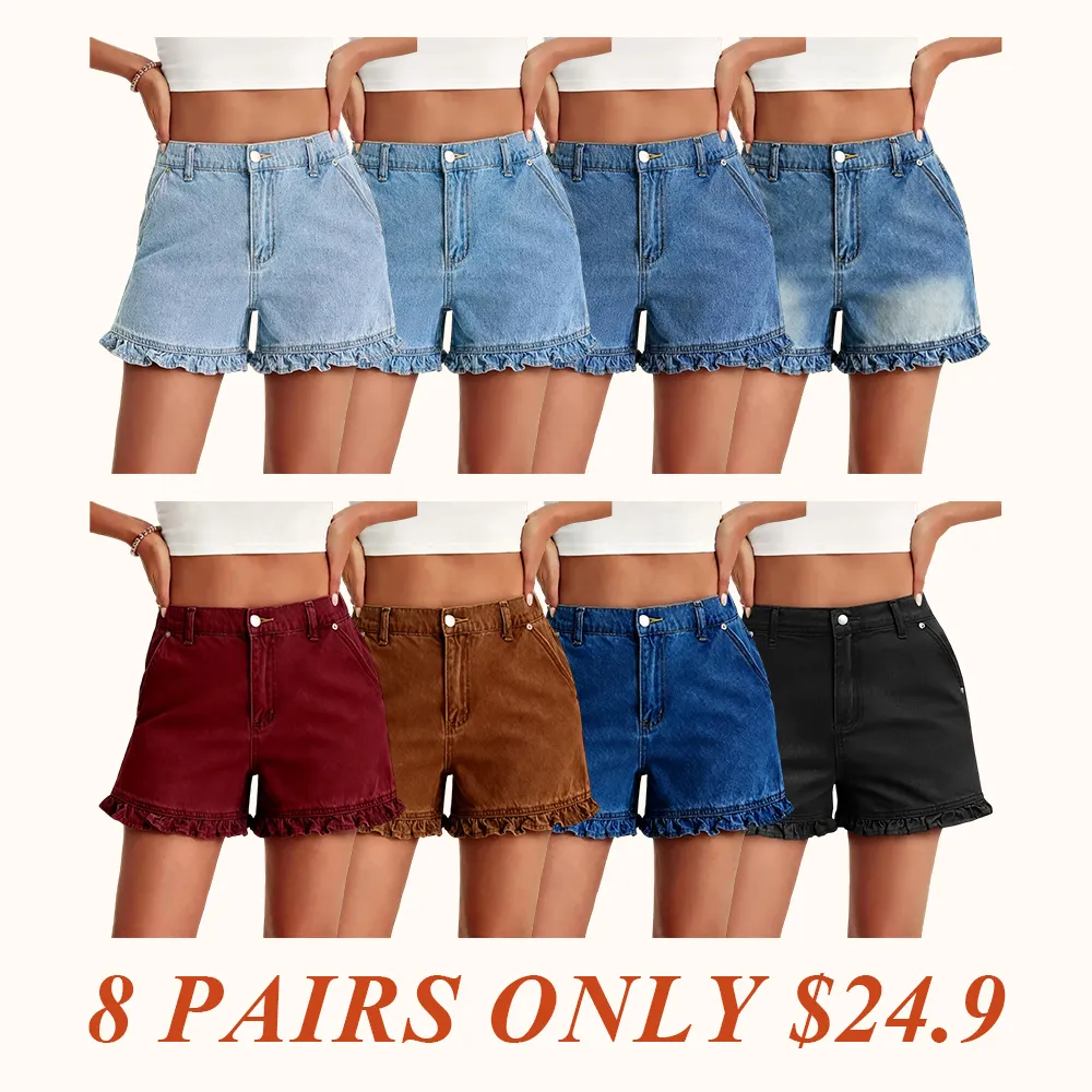 Womens Summer Ruffle Denim Shorts Cute High Waisted Cotton Short Jeans with Pockets