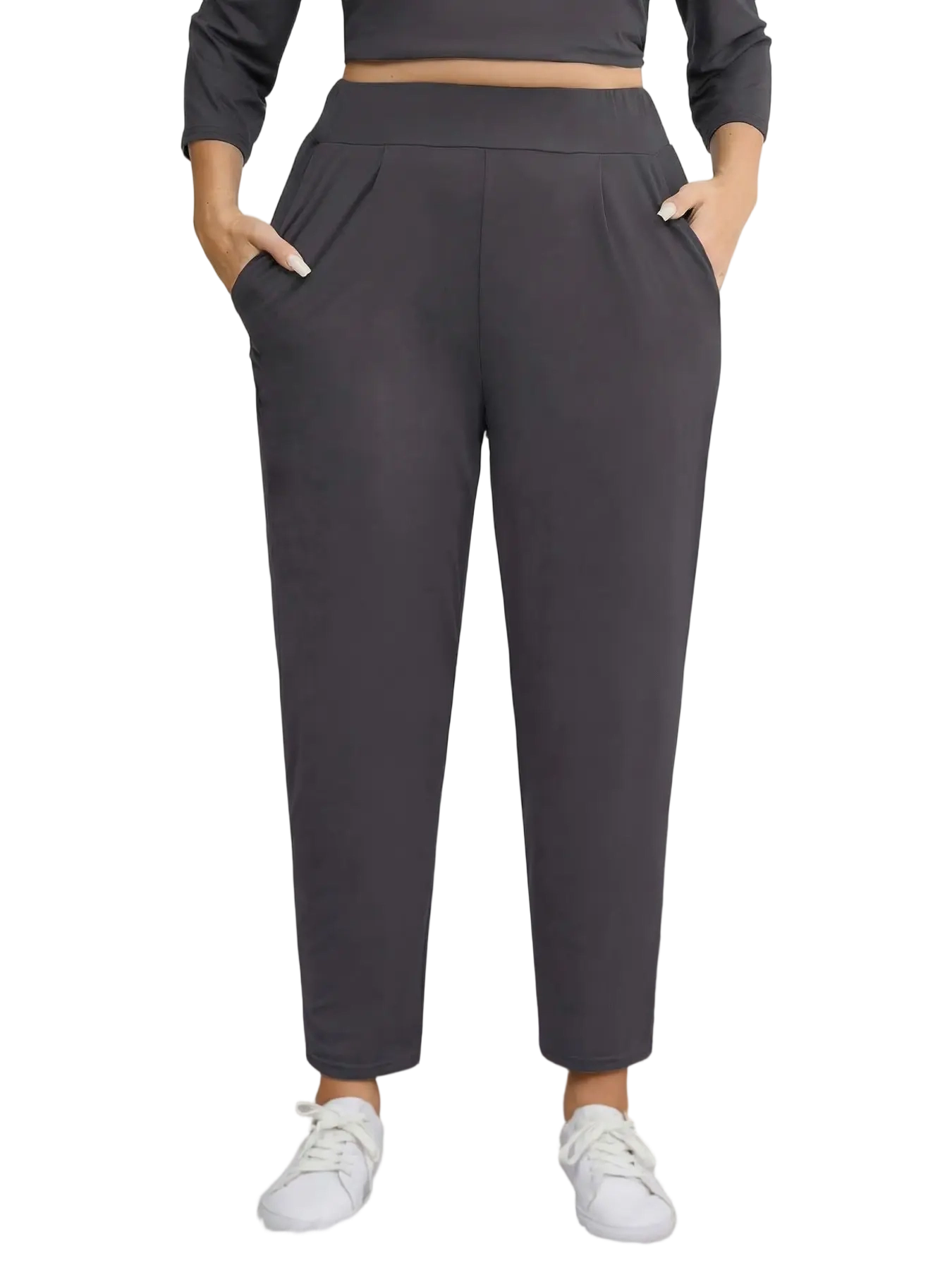 Women Plus Size Solid Plicated Pocket Elastic Waist Joggers