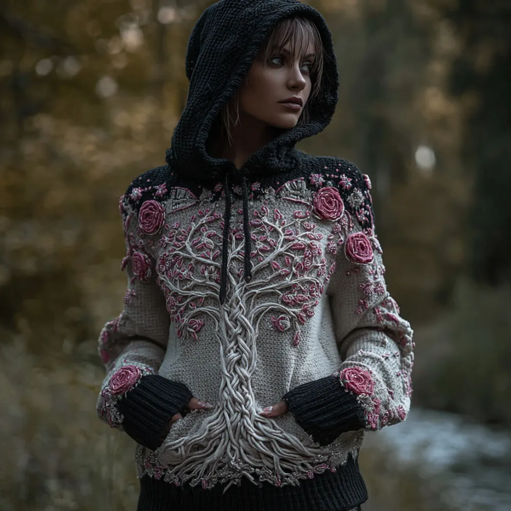 Women's Viking Style Tree Of Life Black And White Patchwork Mysterious Hooded Sweater