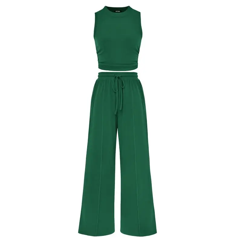 Women's Summer 2-Piece Outfits - Ribbed Knit Crew Neck Sleeveless Cropped Top & Wide Leg Pants Lounge Set