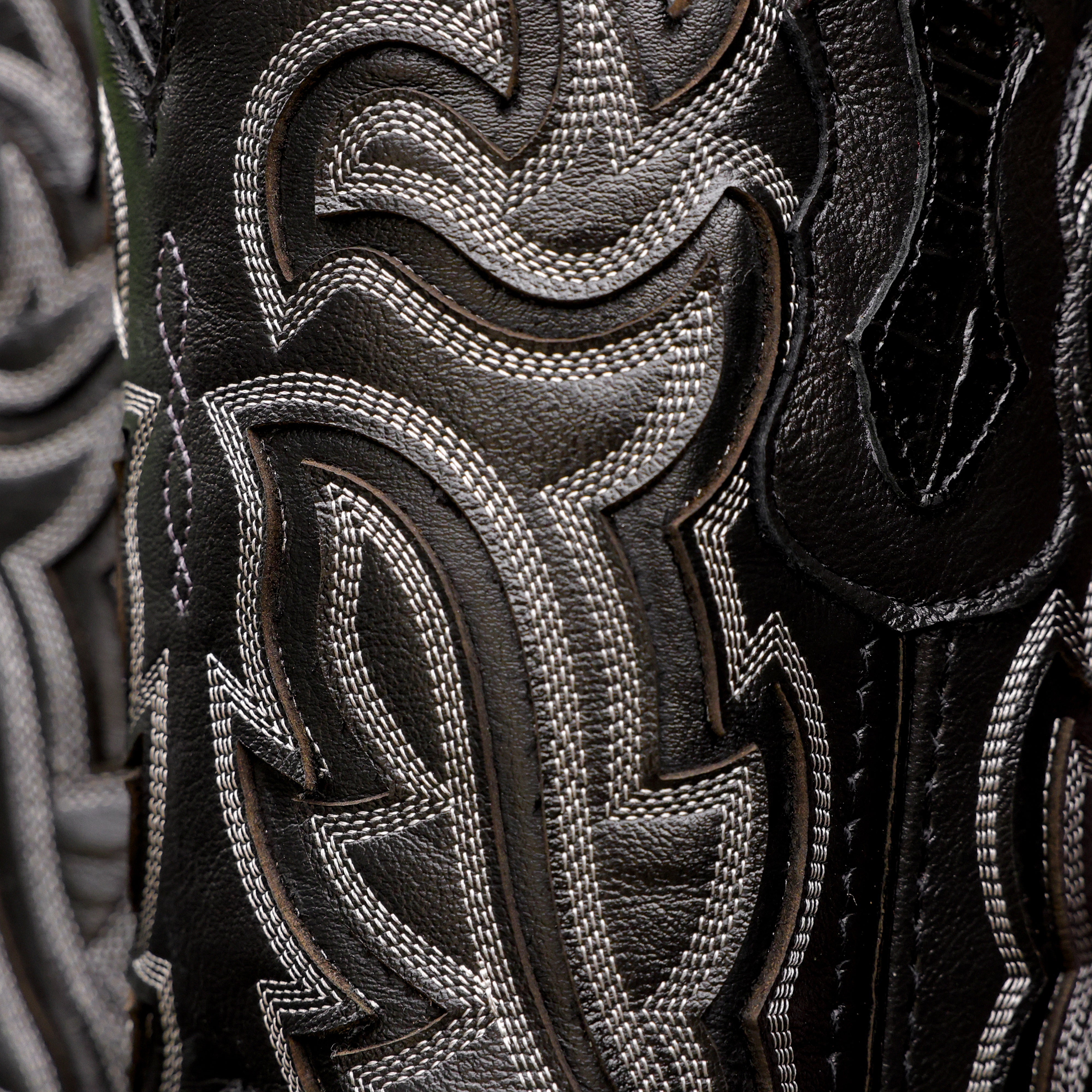 Black Caiman Neck Leather Boots - Square Toe