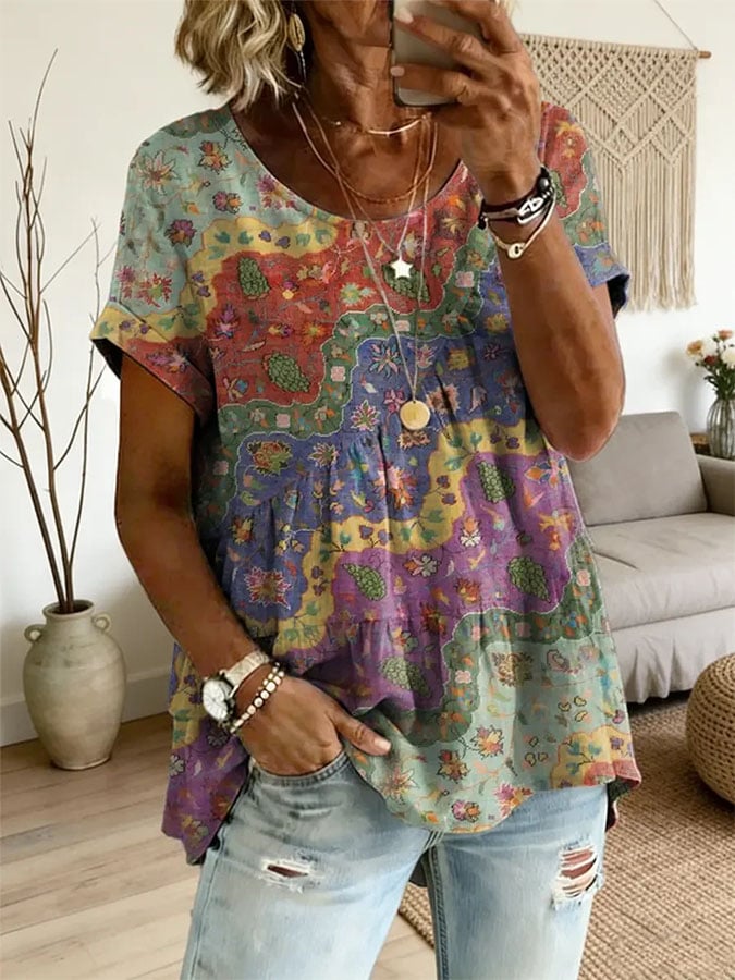 Women's Retro Print Short-Sleeve Top