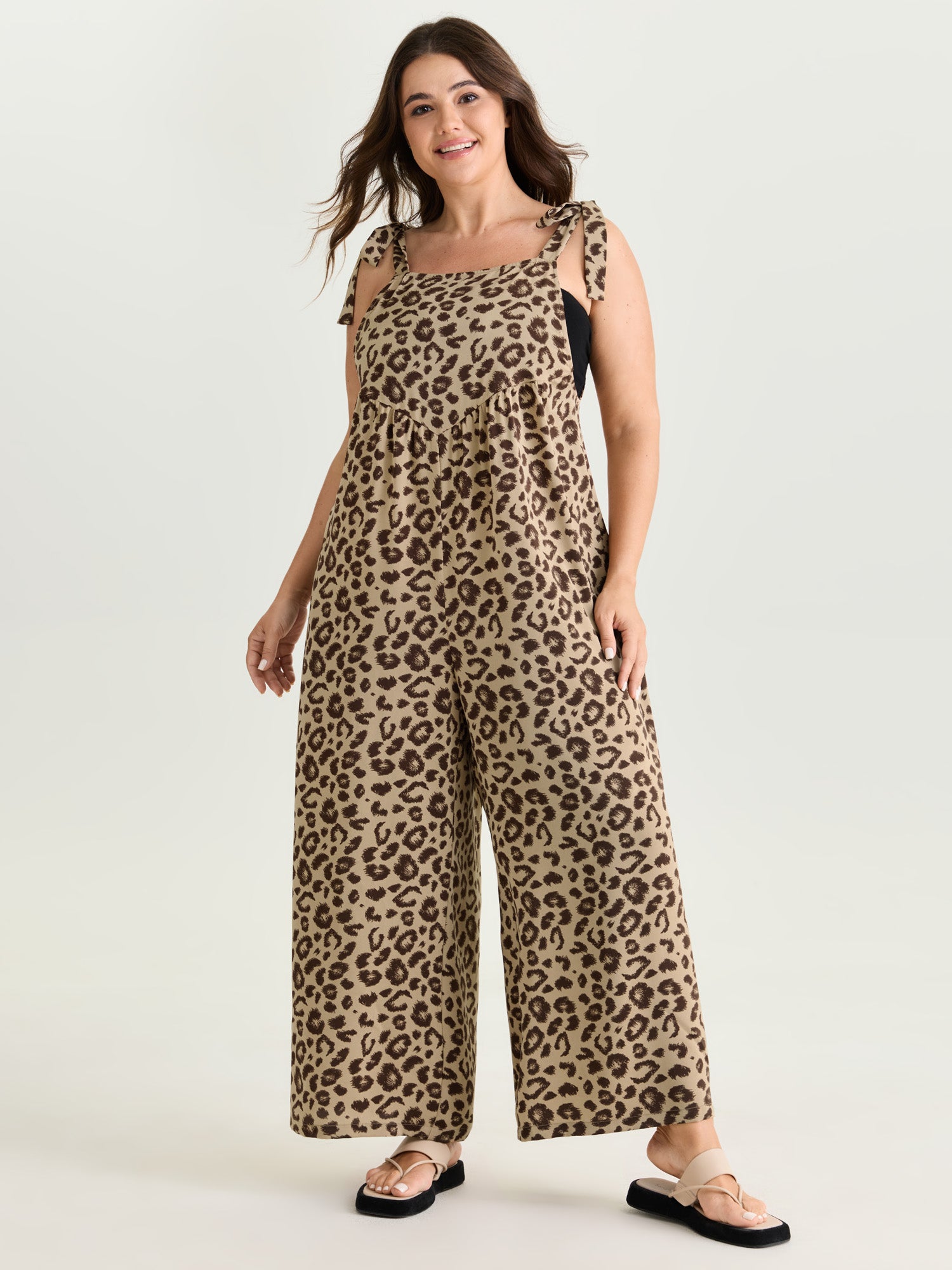 Leopard Print Pockets Shoulder Ties Jumpsuit