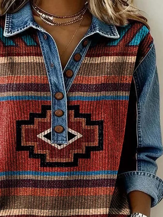 Women'S Casual Color-Block Printed Patchwork Pullover Sweatshirt