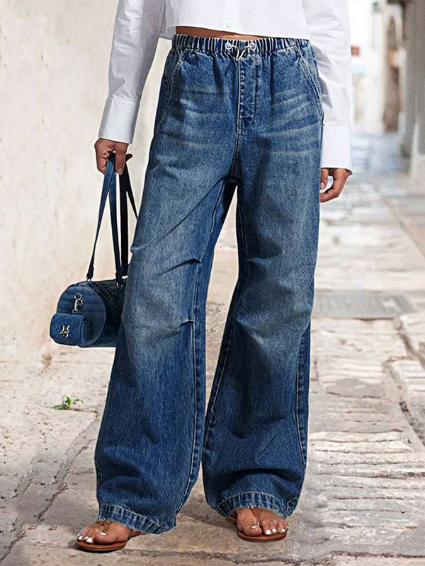 Drawstring Elasticity Gradient High Waisted Loose Jean Pants Bottoms