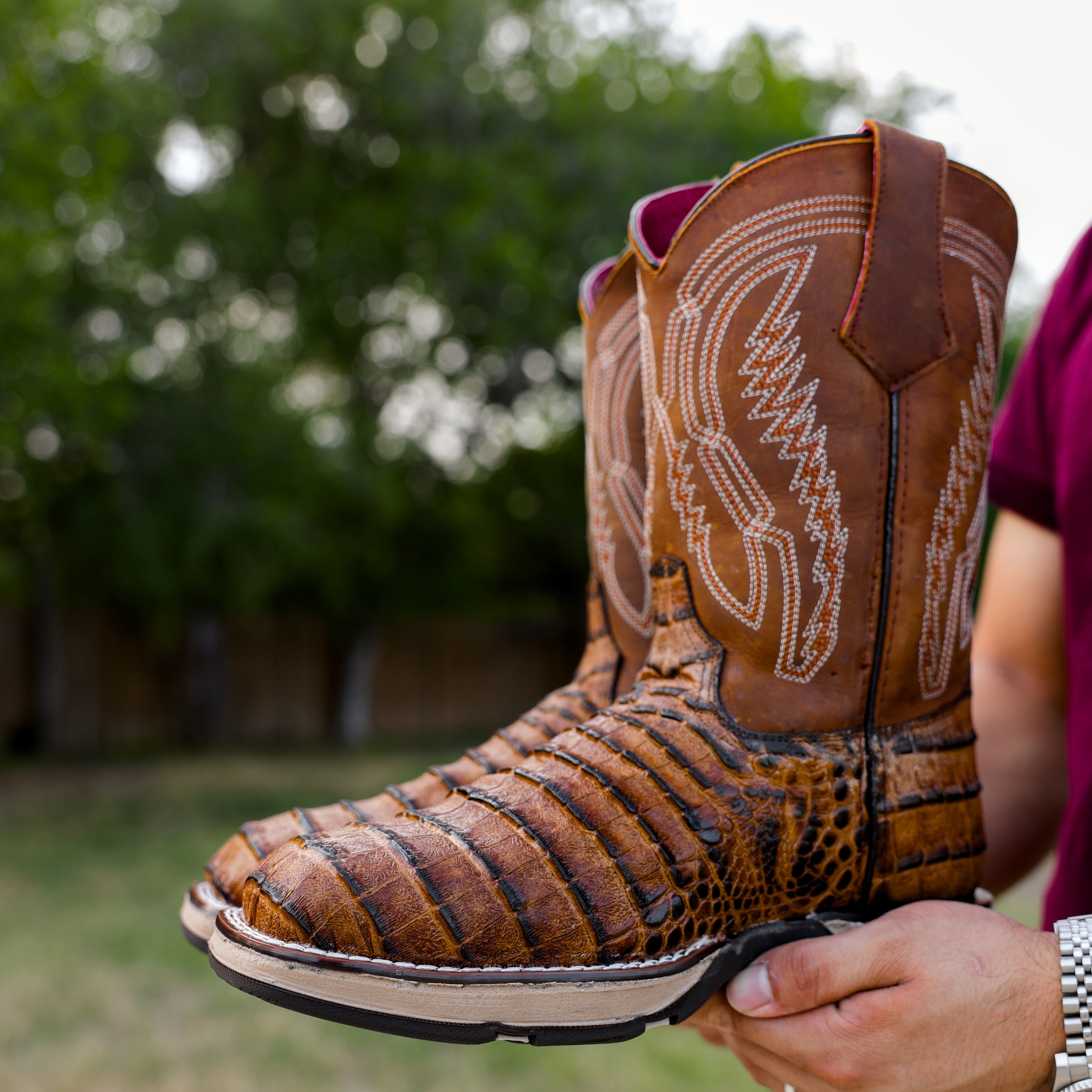Honey Caiman Belly Leather Boots With 3D Lightweight Sole - Composite Toe