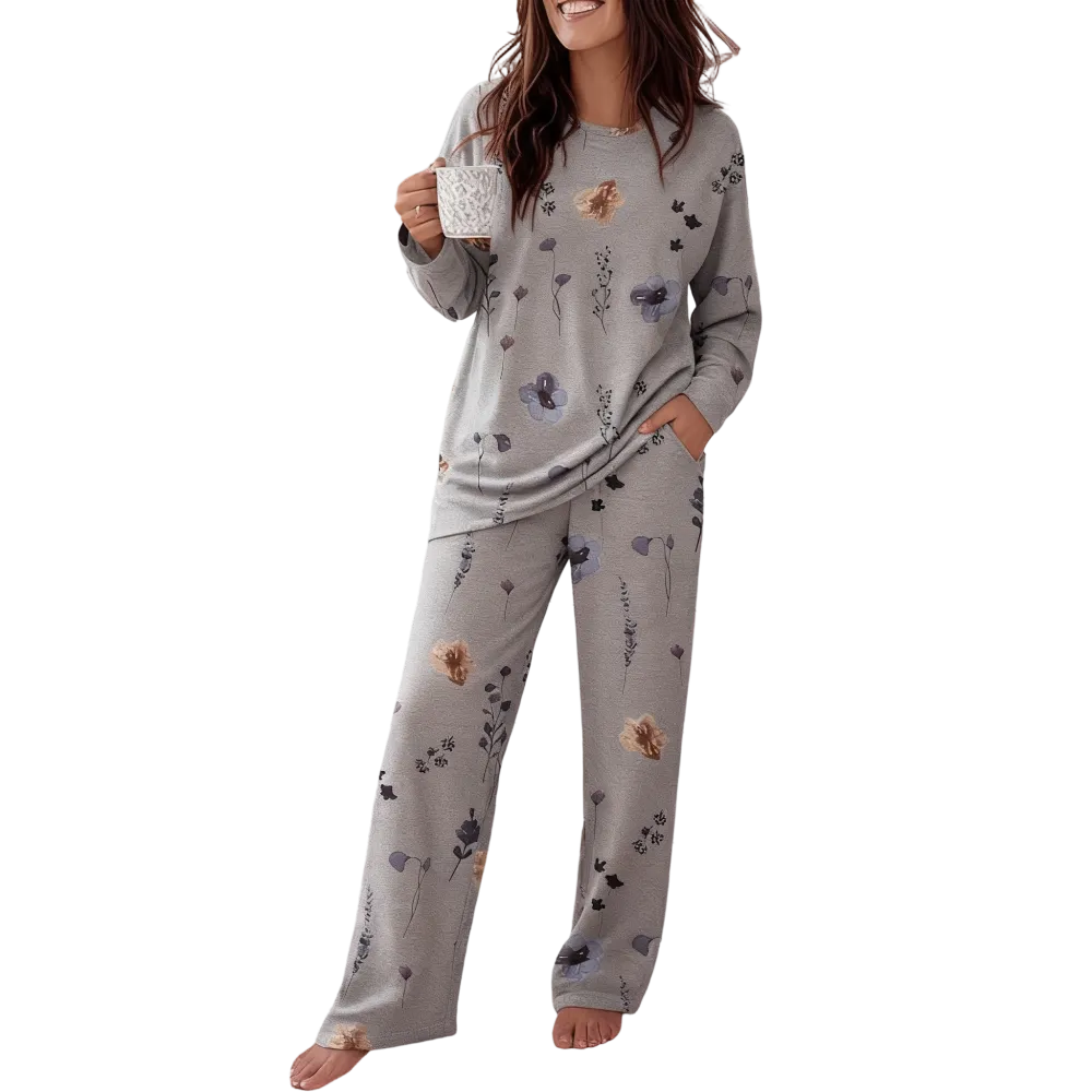 Women's Printed Crew Neck Long-Sleeved Top and Printed Trousers Set