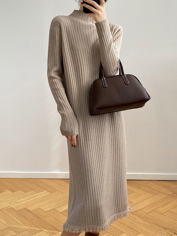 Fringed Solid Color Long Sleeves Loose Mock Neck Sweater Dresses Midi Dresses