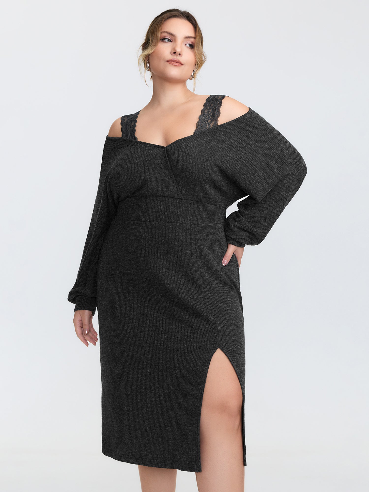 Lace Trim Off-Shoulder Split Hem Midi Dress