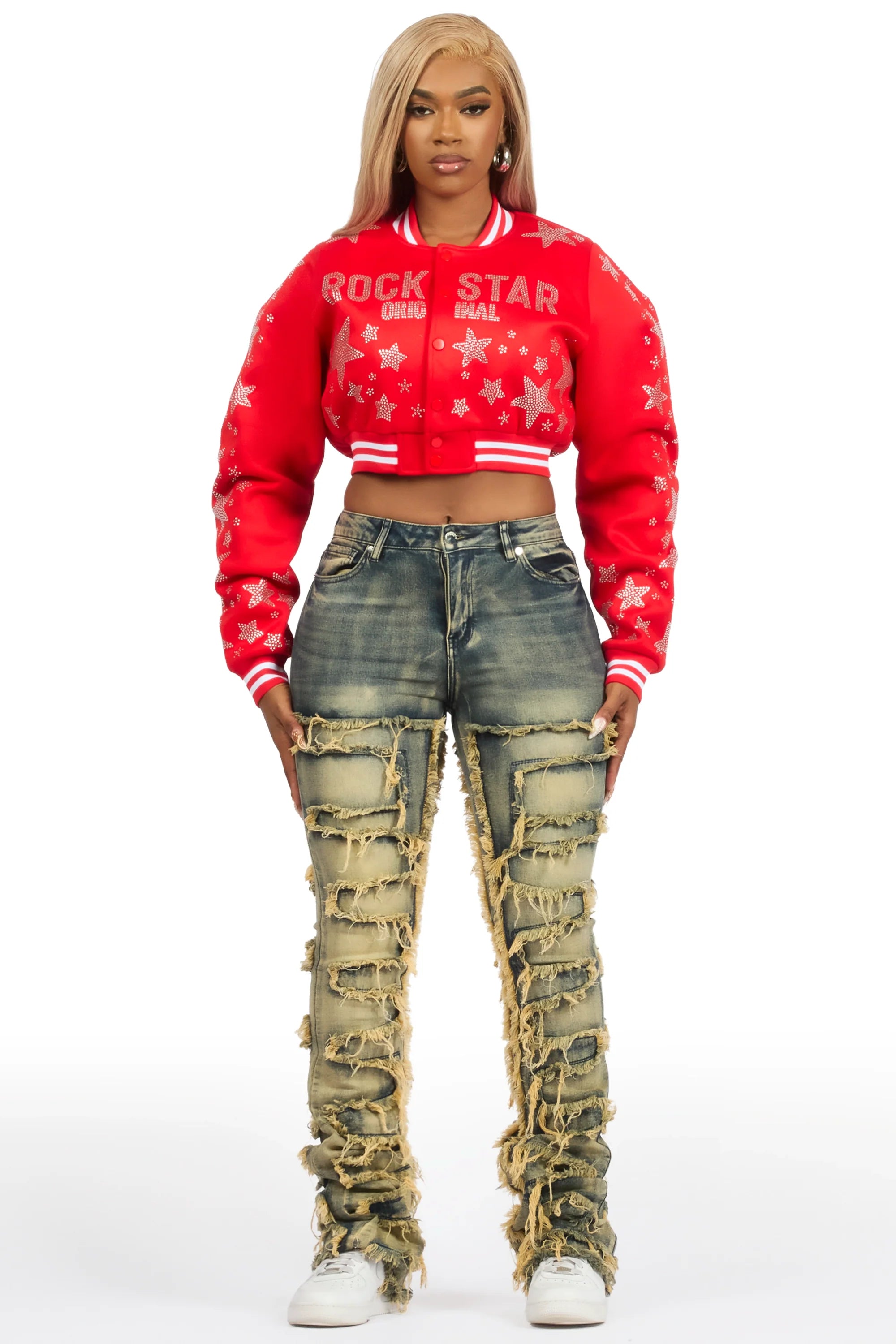 Shanda Red Crop Rhinestone Varsity Jacket