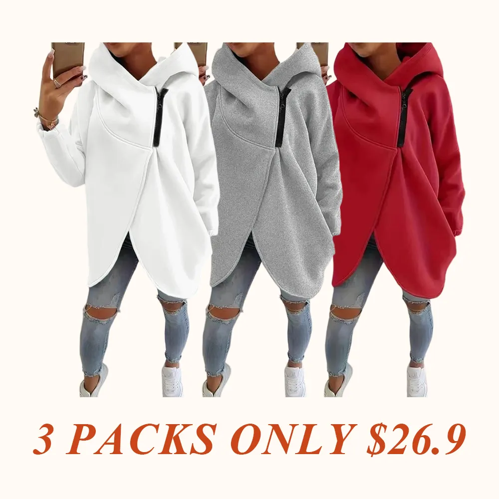 Women's Plus Size Hooded Sweatshirt, Full Zip Fashion Design, Asymmetrical Hem