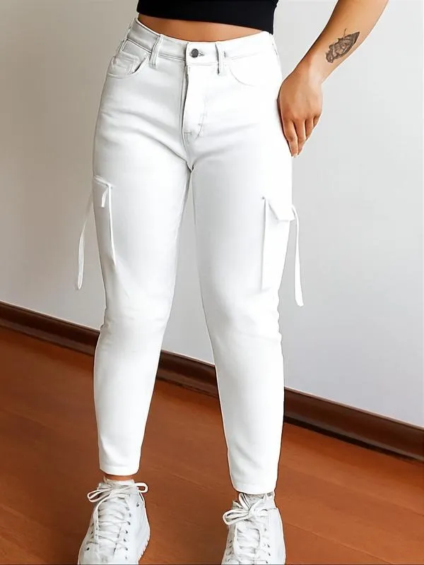 Women's Plain Multi-pocket Denim Cargo Pants