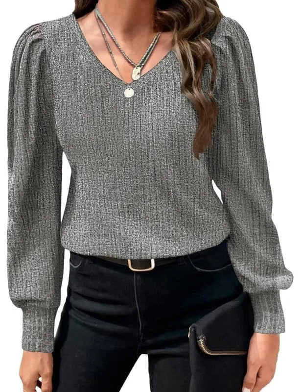 Women's Knit Shirt Soft Puff Long Sleeve Blouse Tops