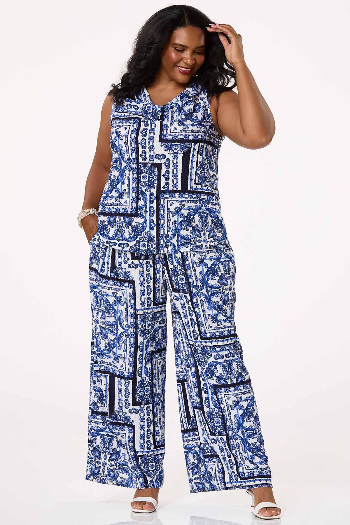 Plus Size Textured Blue Floral Drape Tank