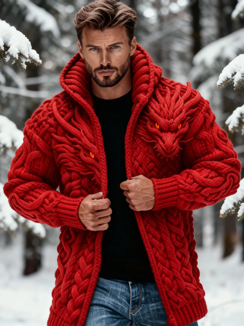 Men's Retro Wolf Head Celtic Knot Jacquard Chunky Knit Mid-Length Cardigan Sweater