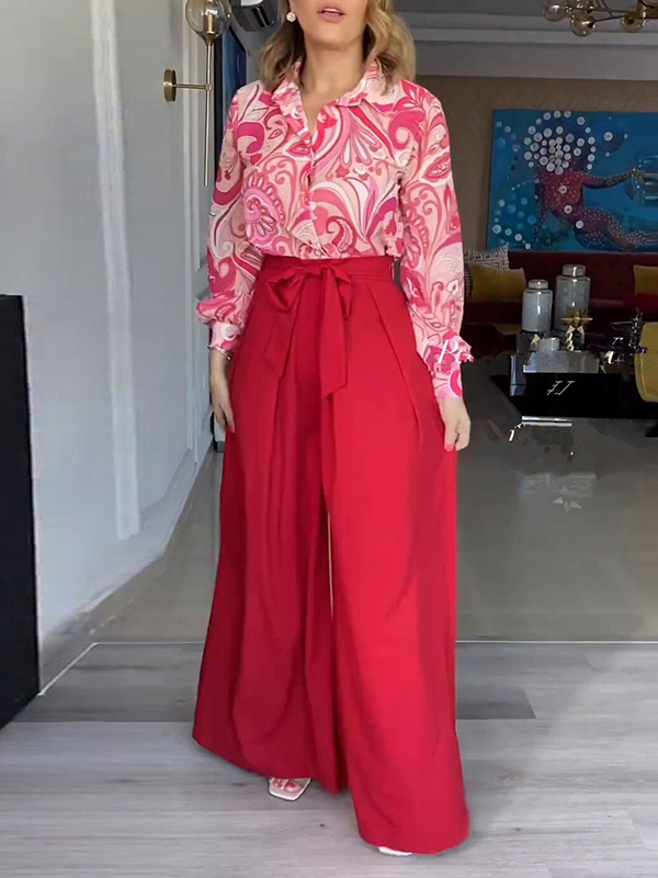 Printed Buttoned Lapel Blouse + Tied Waist High Waisted Wide Leg Pants Two Pieces Set