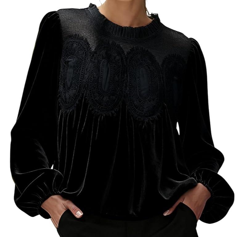 Women’s Elegant Velvet Lace Long Sleeve Blouse