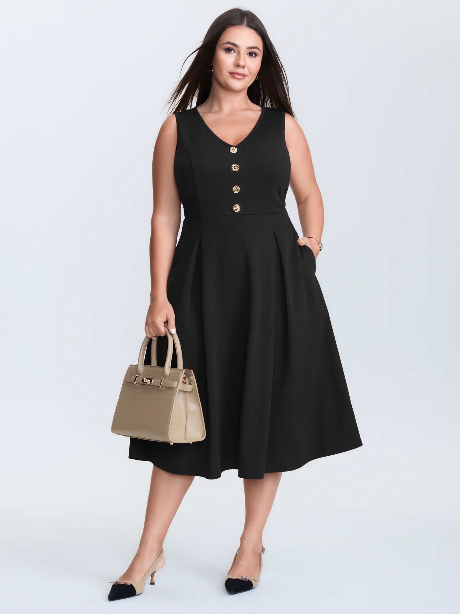 Floral Gold Button Pleated Midi Dress