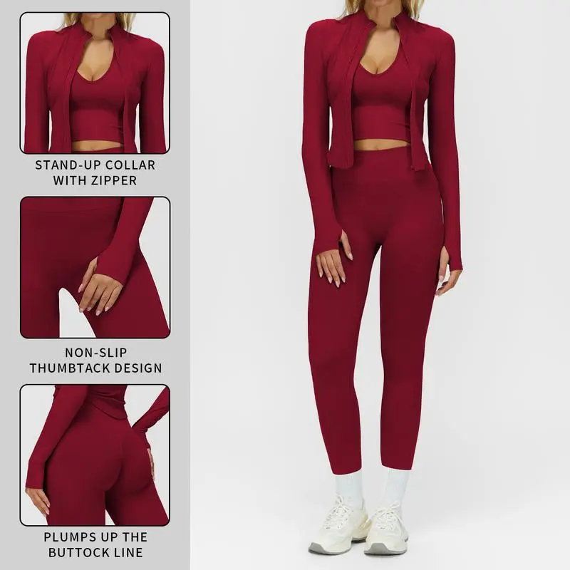 Women's Criss Cross Crop Tank, Zip-Up Jacket & High-Waist Leggings Set