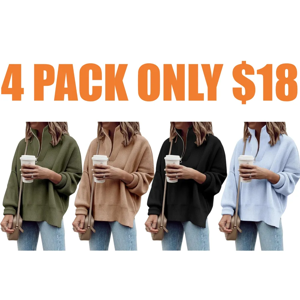 Women's Long Sleeve 14 Zip Oversized Ribbed Knit Tunic Sweater