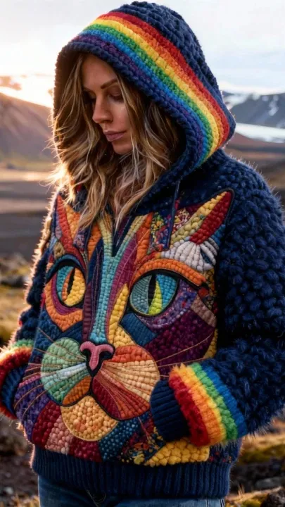 3 PCS $17.97 Women's Artistic Animals Line Knit Hooded Sweater