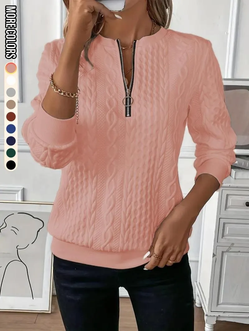 Women's Plain Textured Half Zip Up Sweatshirt
