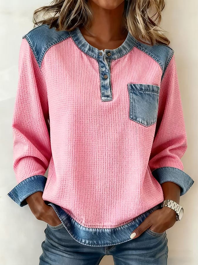 Women's Casual Henley Neck Waffle Panel Top