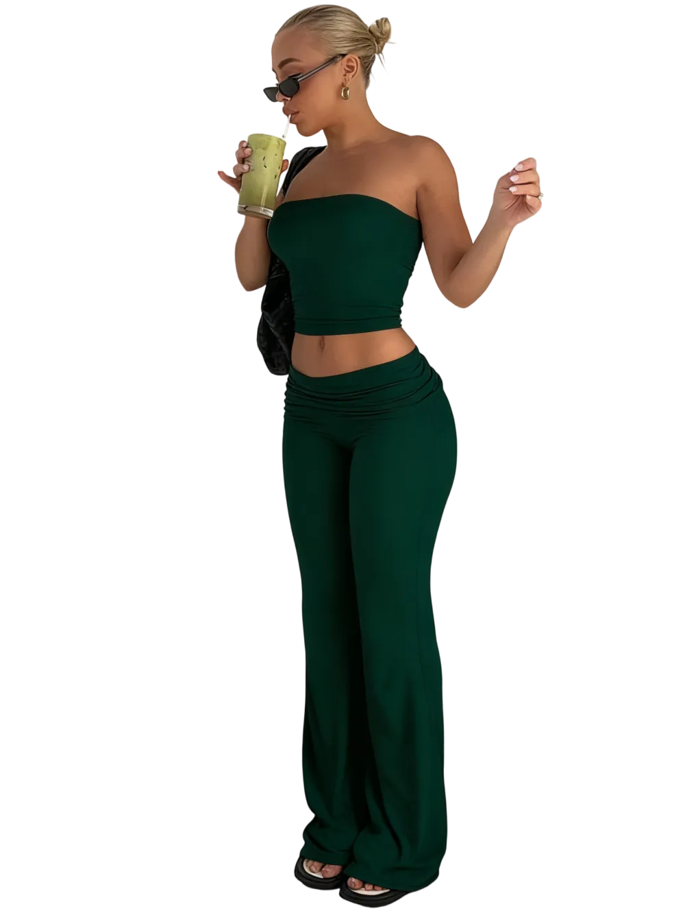 Two-Piece Set Women's Solid Crop Tube Top & Foldover Waist Flare Leg Pants