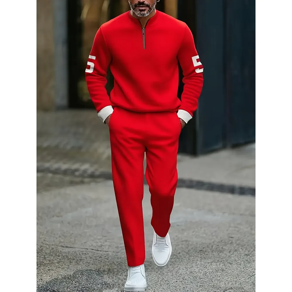 Fashion Stand up Collar Half Zipper Geometric Casual Simple Men's Set