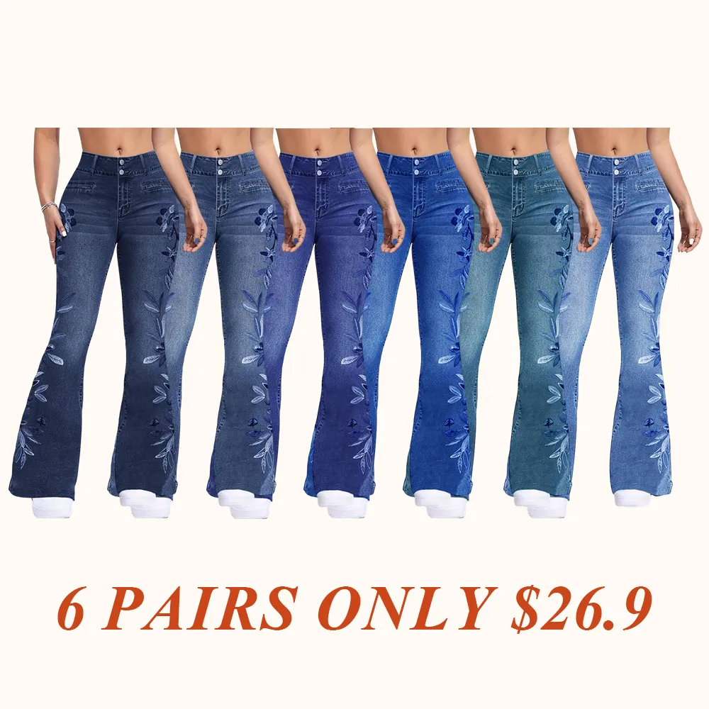 Women's denim printed flared pants