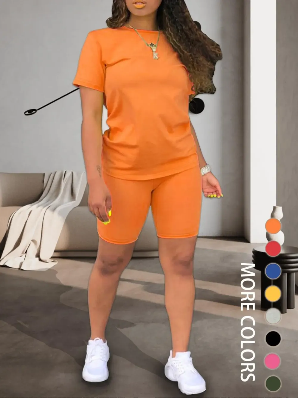 Women's Slim Fit Solid Color Crew Neck T-Shirt and Skinny Shorts Two-Piece Set