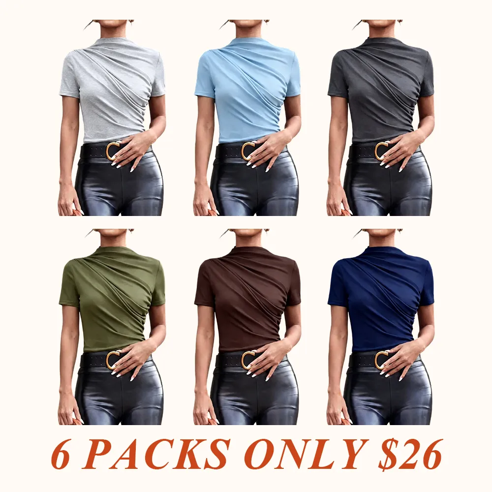 Women's Slim Fit Ruched Asymmetrical Top, High Neck Short Sleeve Knit T-Shirt, Casual Plain Design