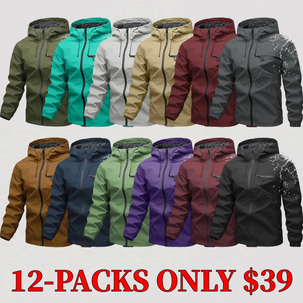 Men's solid color waterproof and windproof drawstring hooded jacket