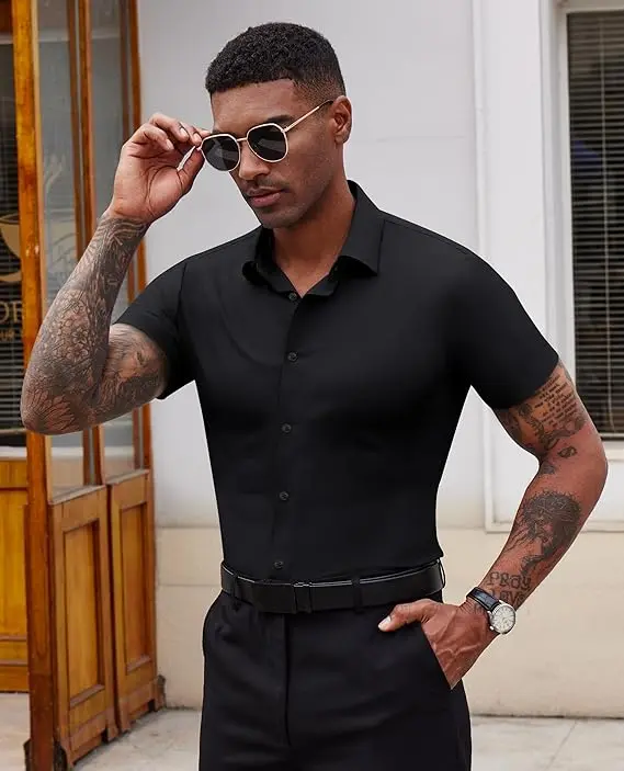 Men's Stretch Dress Shirts Short Sleeve Slim Fit Business Casual Button Down Shirts