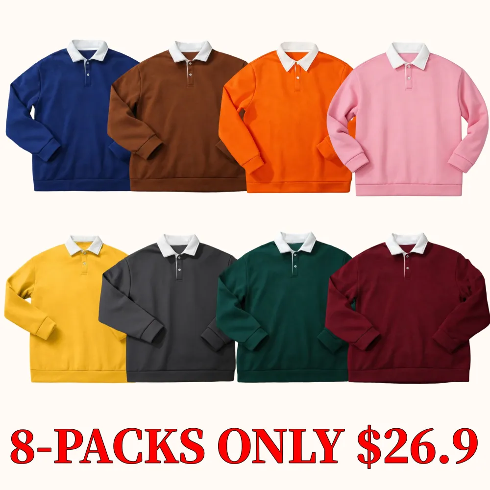 Men's loose-fitting, color-block, collared, long-sleeved polo shirt