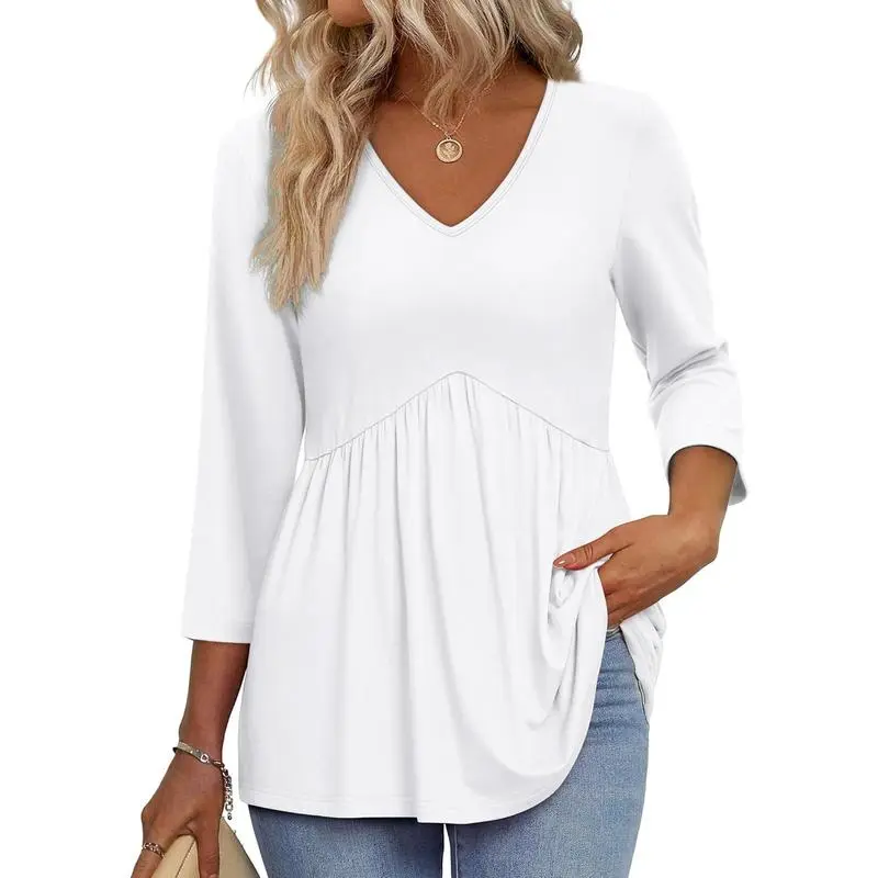 3/4 Length Sleeve Womens Tops 2025 Blouses for Women Dressy Casual Fashion Clothing V Neck Babydoll Tops Fall Outfits