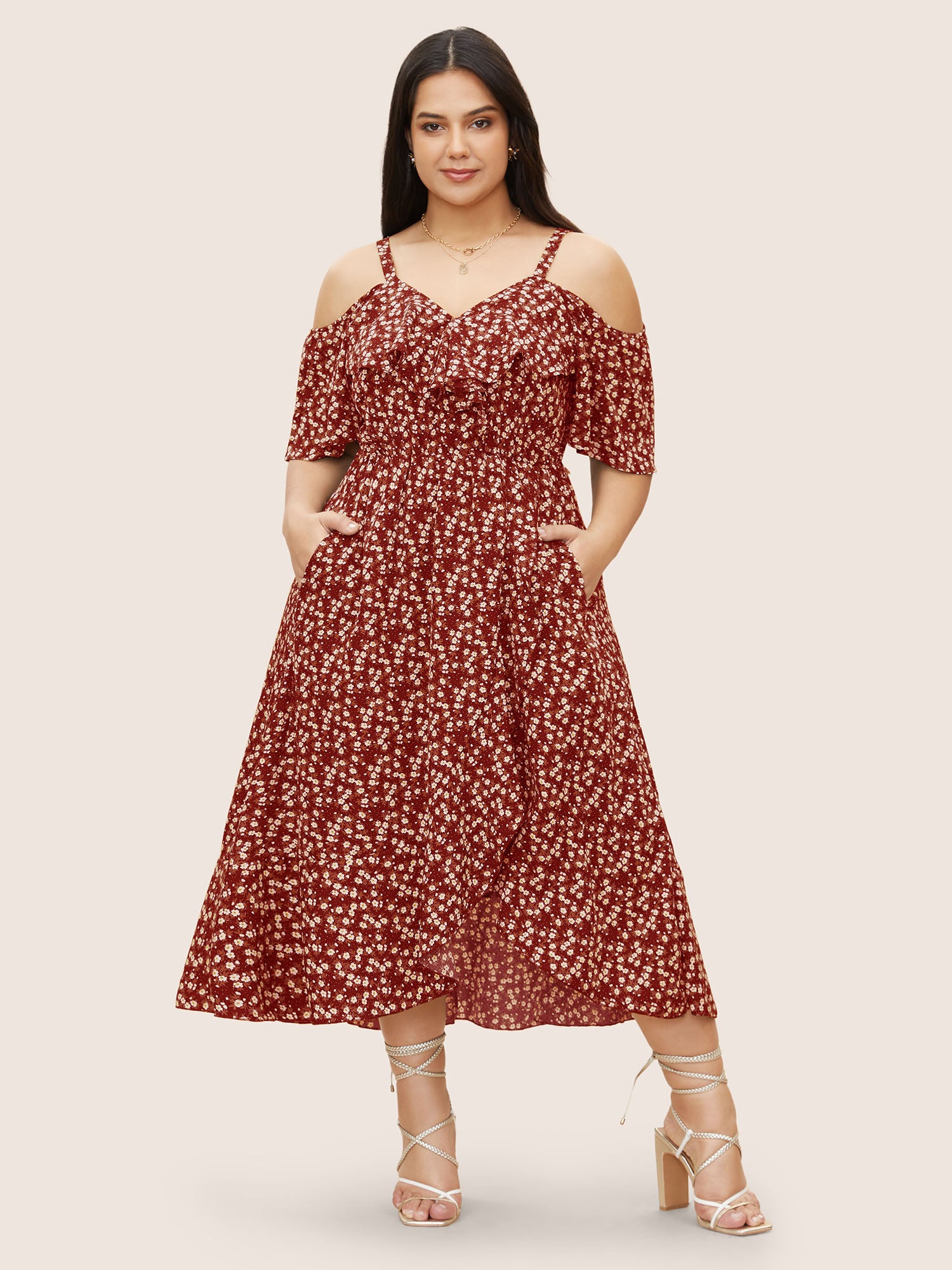 Ditsy Floral Pocket Wrap Cold Shoulder Ruffle Dress