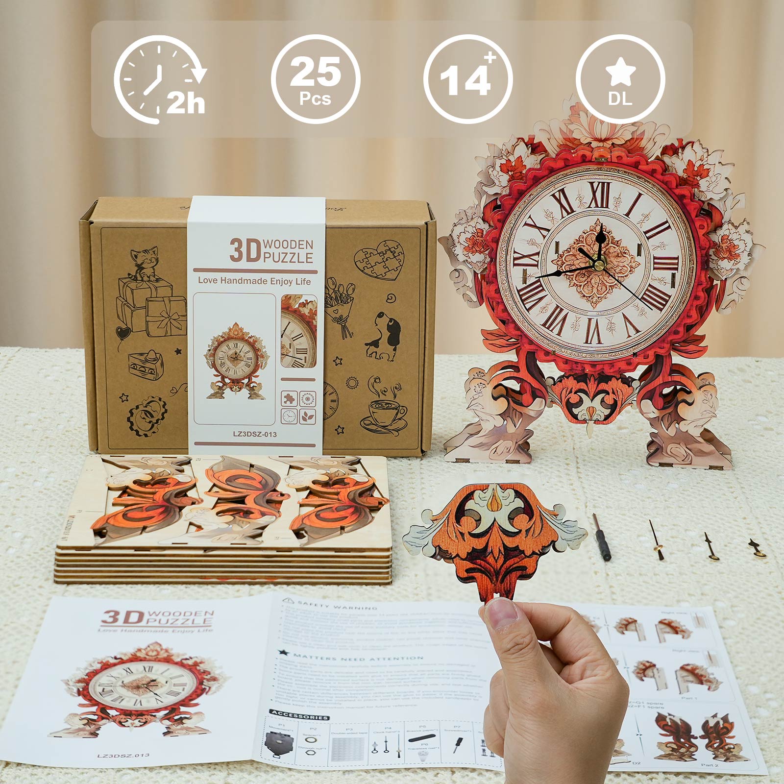 Fire Flame Flower– DIY Wooden Clock, 3D Puzzle Craft Kit