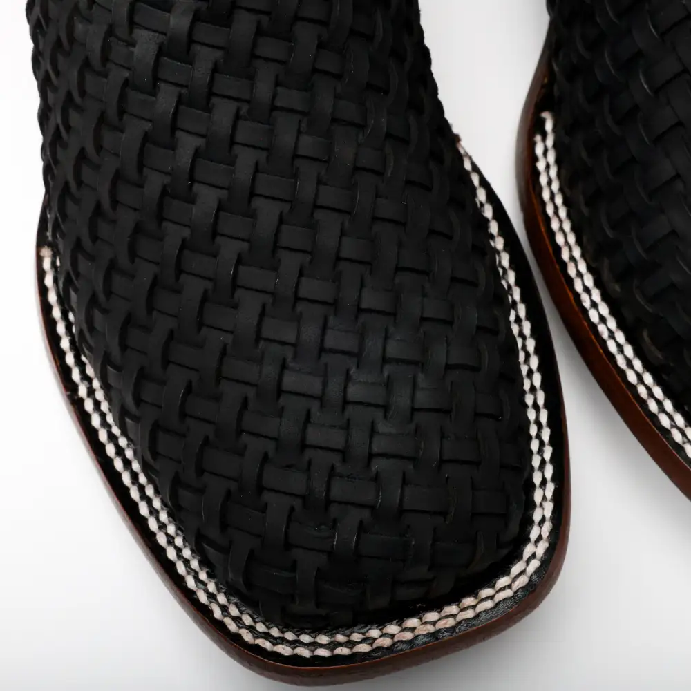 Black Basketweave Leather Boots - Square Toe