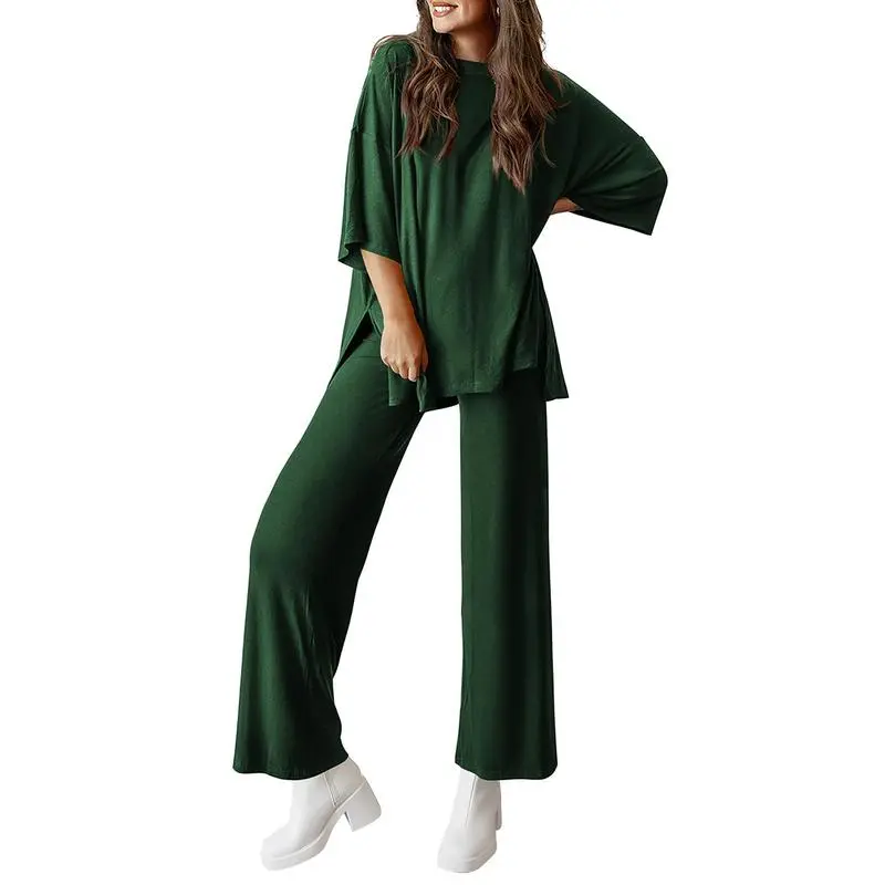 Women's 2-Piece Outfits Short Sleeve Pullover Tops Split Hem Wide Leg Pants Lounge Sets