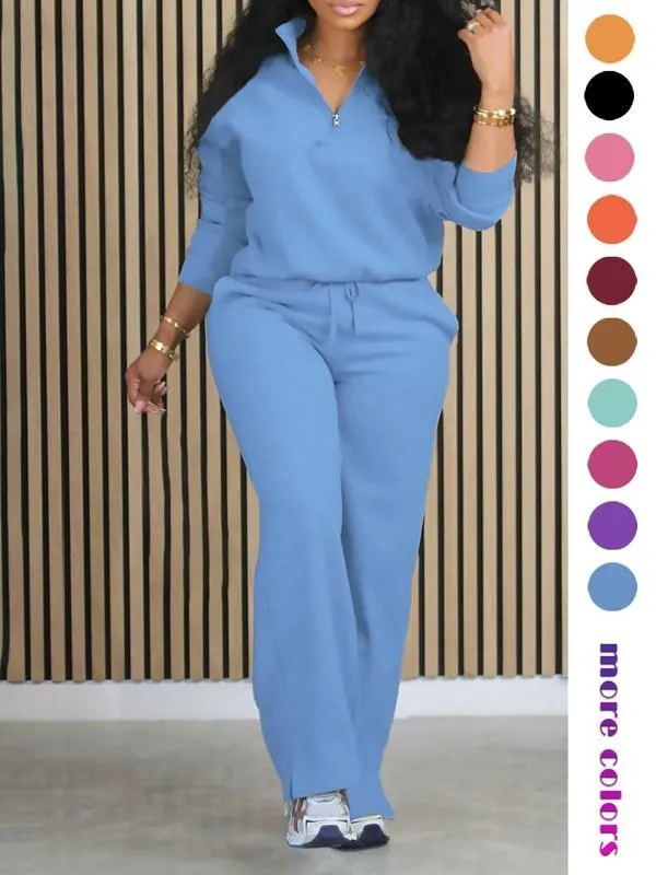 Women's Solid Half Placket Split Hem Pants Set