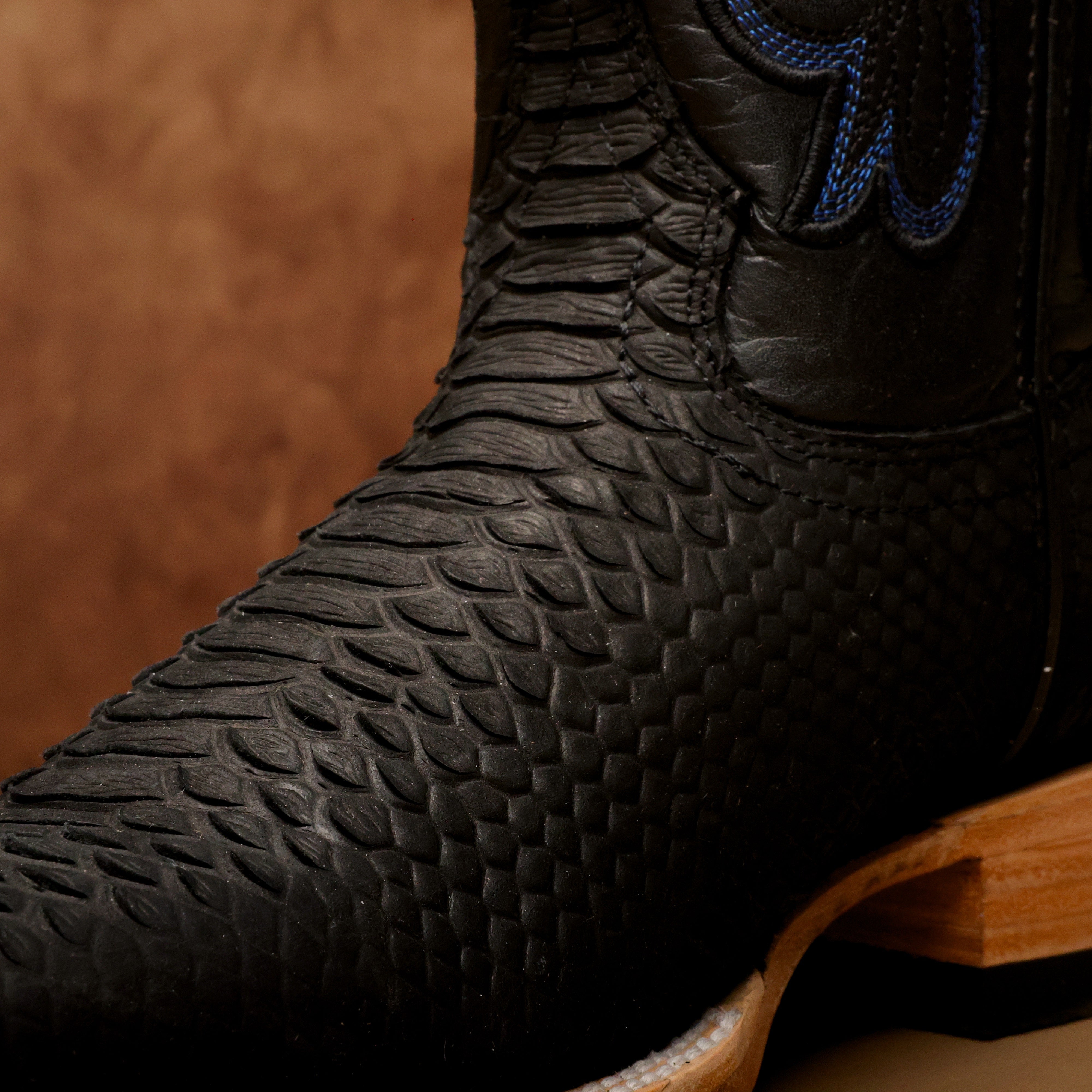 Matte Black Python Leather Boots - Square Toe