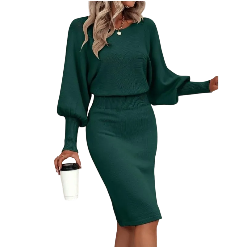 Autumn and winter lantern sleeve waist-cinching sweater dress